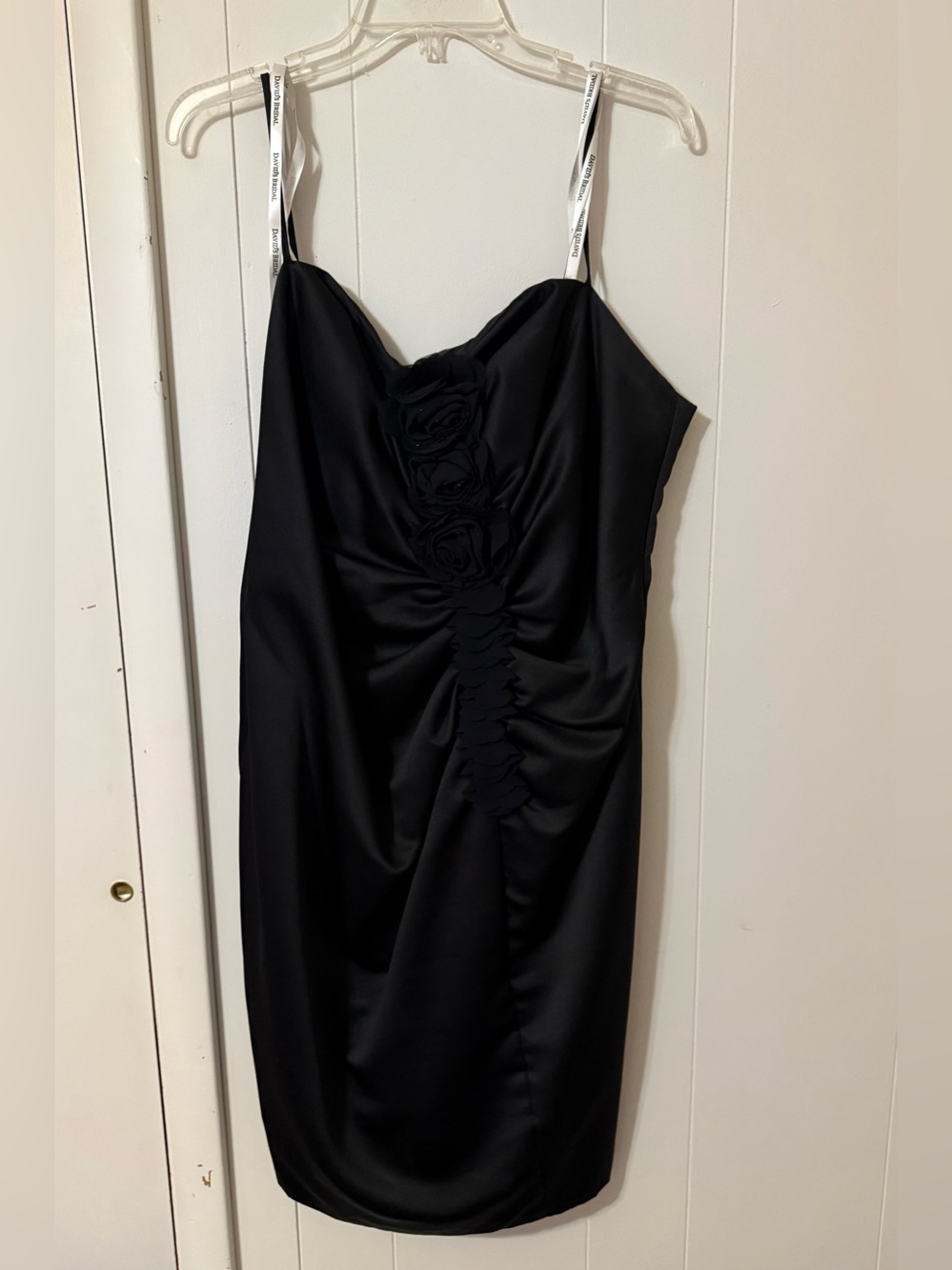 David's Bridal Black Satin Rosette Spaghetti-Strap Mini Dress